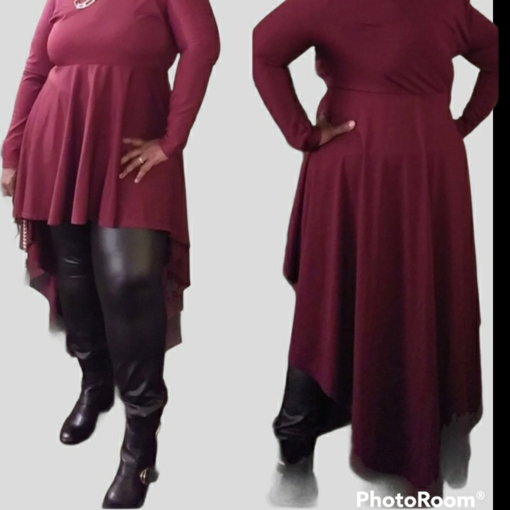 Women's Long Sleeve Hi-Low Tunic Top - Burgundy